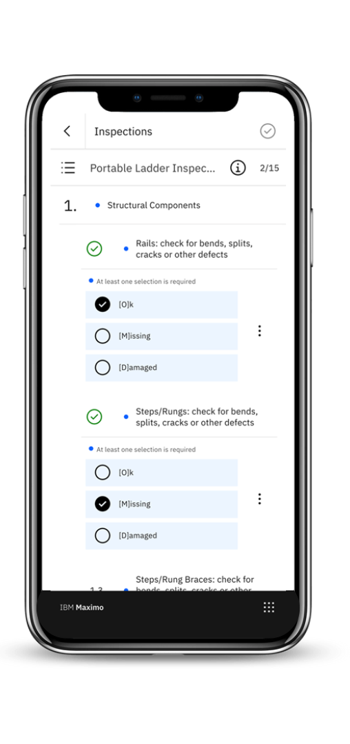 Maximo Application Mobile så här kan det se ut när du jobbar dig igenom en inspektion