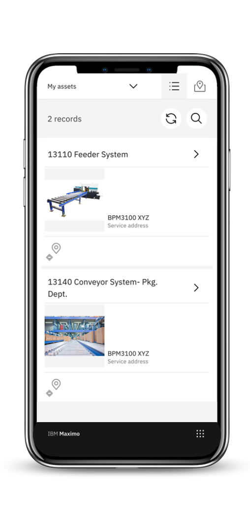 Maximo Application Suite Mobile - listvy med en överblick över alla dina inventarier
