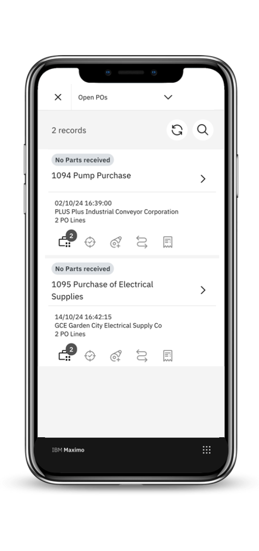 Maximo Application Suite Mobile - listvy med öppna inköpsordrar som väntar på inleverans