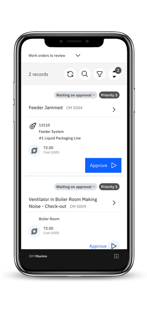 Maximo Application Suite Mobile - listvy som visar dig alla arbetsordrar som väntar på godkännande