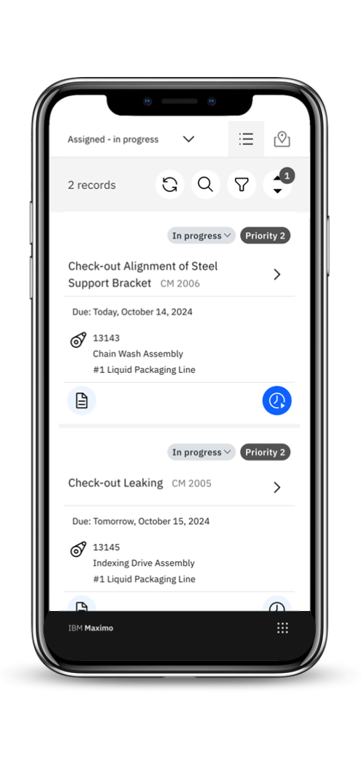 En skärmbild över Maximo application suite Mobile som visar en listvy över dina tilldelade arbetsordrar