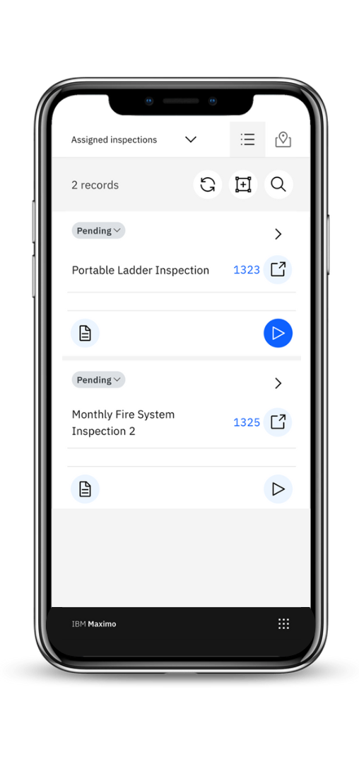 Maximo Application Suite Mobile listvy visas dina tilldelade inspektioner som ska genomföras