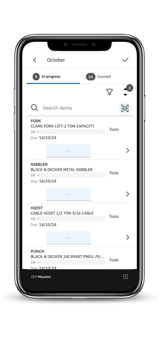 Maximo Application Suite Mobile - räkningsbok med alla artiklar som behöver inventeras
