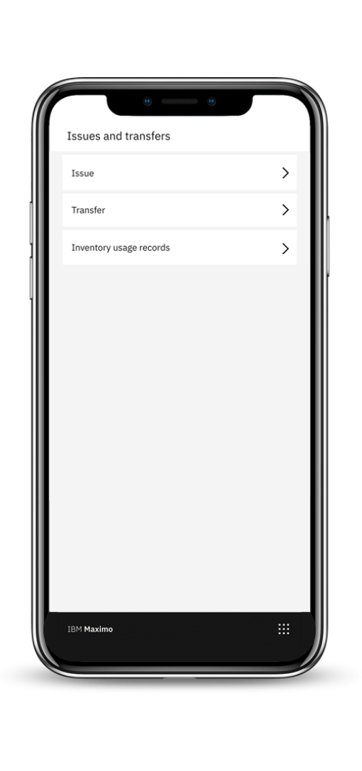 Maximo Application Suite Mobile - välj om du om du vill göra ett uttag, överföring, eller se förrådsanvändning