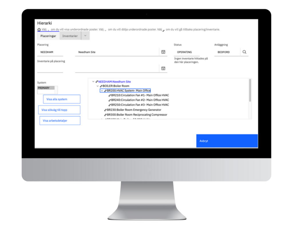 Bild som visar på anläggningsstruktur i en skärm för Manage som är en del av Maximo Application Suite