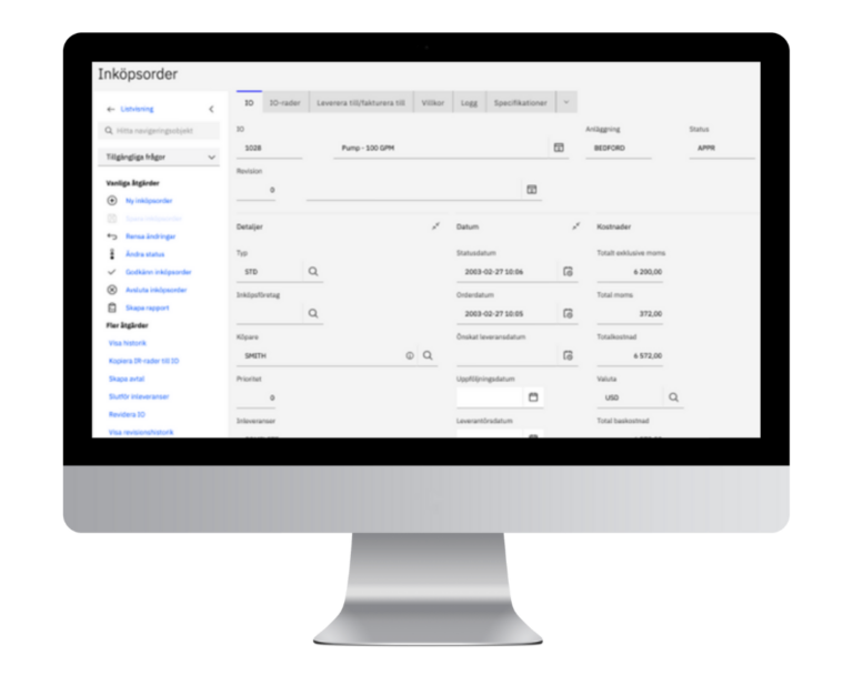 Bild som visar på inköpsorder (listvisning) i Manage som är en del av Maximo Application Suite