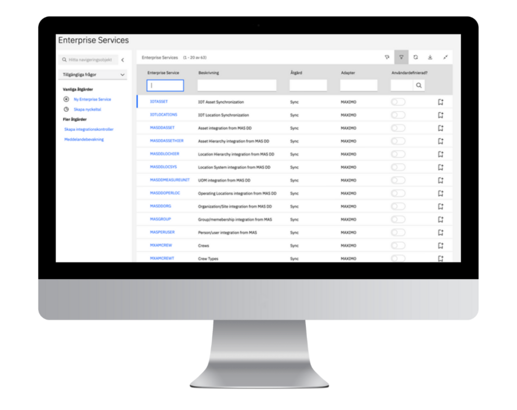 Bild som visar på Integration Manage - Enterprise Service i Manage som är en del av Maximo Application Suite