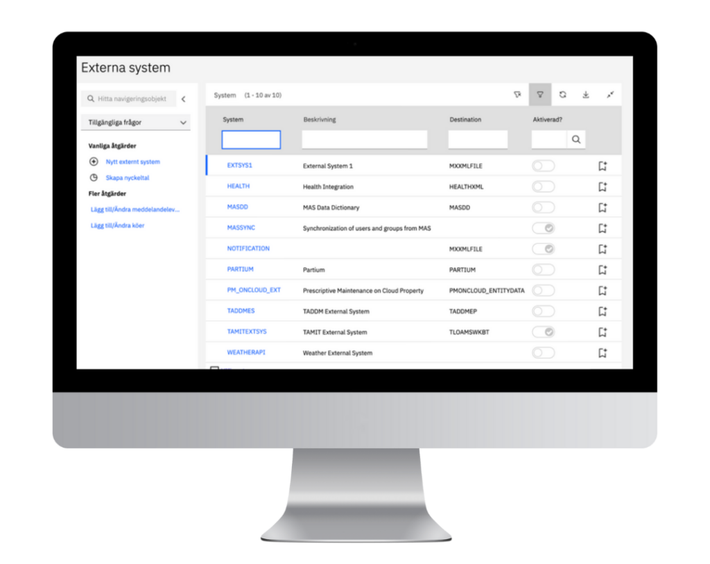 Bild som visar på Integration Manage - Externa system i Manage som är en del av Maximo Application Suite