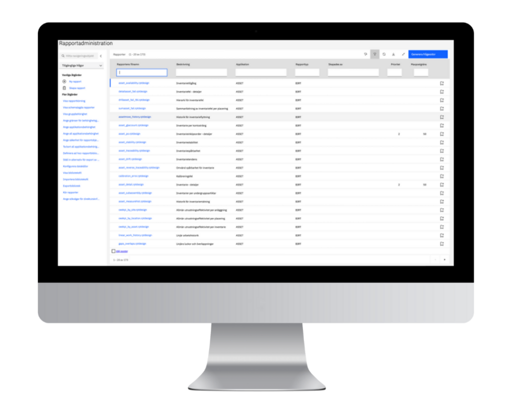 Bild som visar på rapporter - rapportadministration i Manage som är en del av Maximo Application Suite